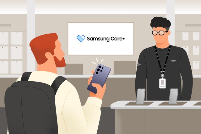 Un técnico atiende a un usuario en un centro de servicio autorizado de Samsung