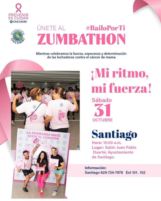 Afiche del Zumbathon «Bailo por Ti» del sábado 31 de octubre en el Salón Juan Pablo Duarte del Ayuntamiento de Santiago