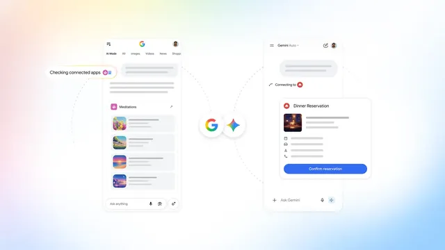 Gráfico de Google que muestra una búsqueda conectada con Gemini para confirmar una reservación en un restaurante