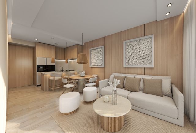 Render de la sala y la cocina de un apartamento de VMAR Juan Dolio