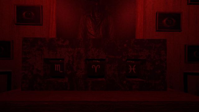 Habitación iluminada en rojo con símbolos del zodiaco en la pared
