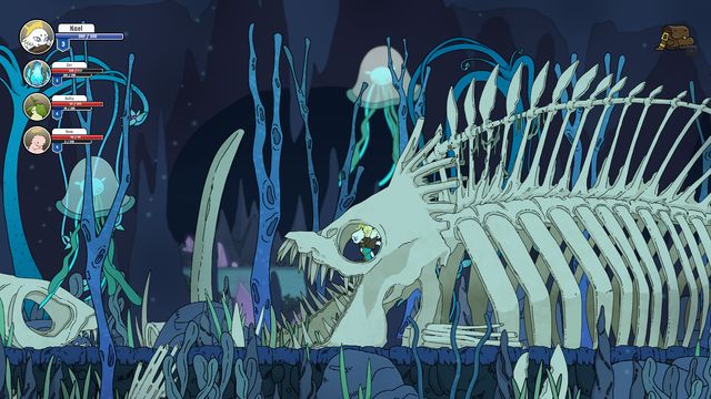 Esqueleto gigante de una criatura en una cueva submarina azul en The Sky Project