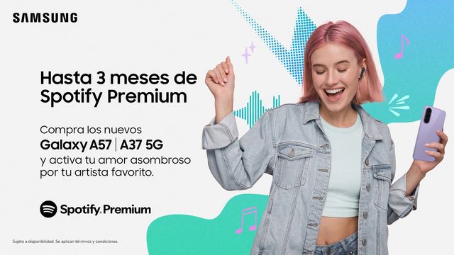 Gráfica de la promoción de hasta tres meses de Spotify Premium con los Galaxy A57 y A37 5G