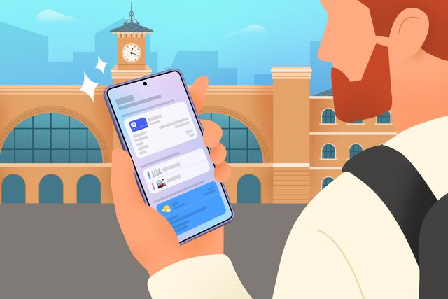 Ilustración de un viajero que consulta su itinerario en el teléfono frente a una estación de tren