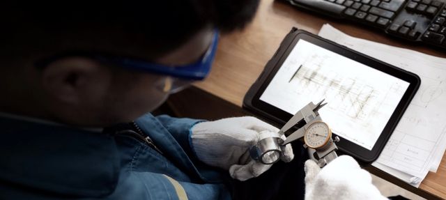 Un técnico con guantes mide una pieza junto a una tableta resistente