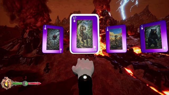 Cartas con criaturas sobre un paisaje volcánico en Body Kounts