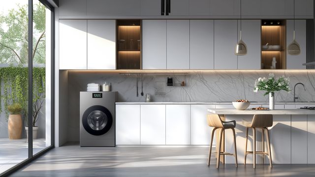 Cocina moderna con una lava-secadora Bespoke AI Laundry Combo integrada