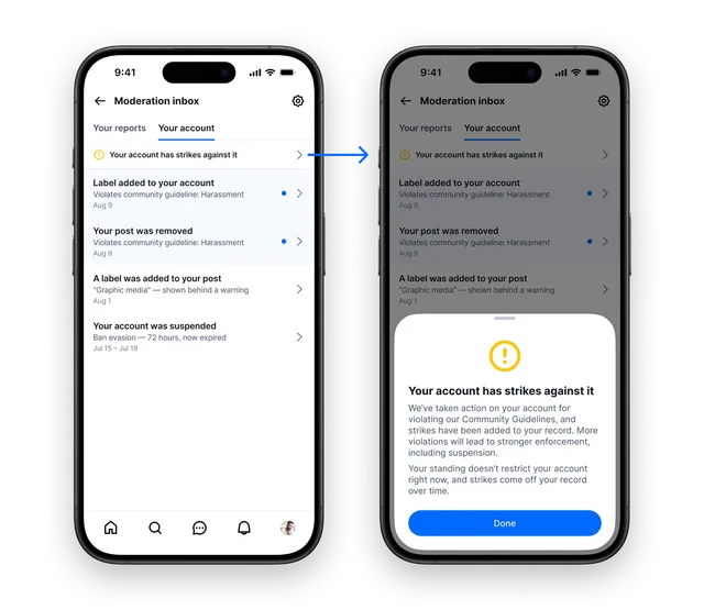 Dos pantallas de la bandeja de moderación de Bluesky con avisos de etiquetas, publicaciones retiradas y el aviso de faltas en la cuenta