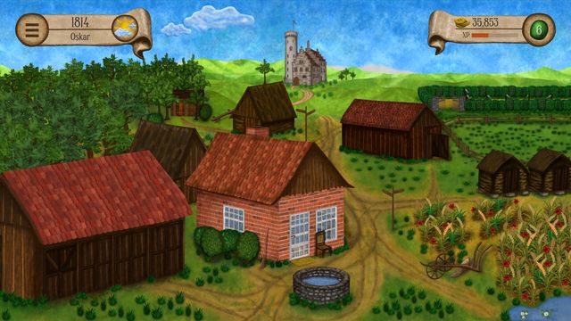 Granja medieval con casas de tejas rojas y cultivos en Agricola – The King's Farmer