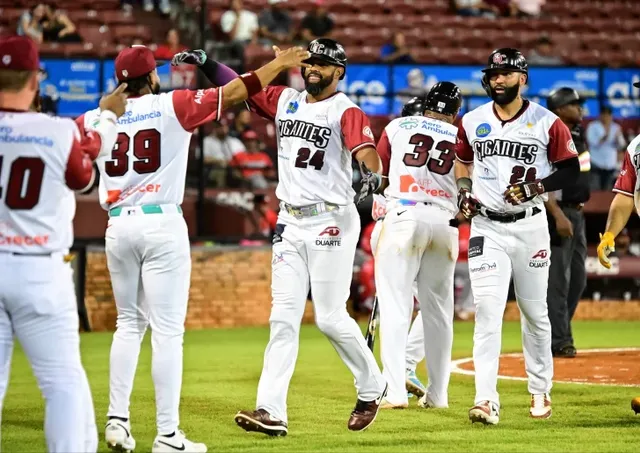Jugadores de los Gigantes del Cibao chocan las manos en el terreno tras anotar carreras