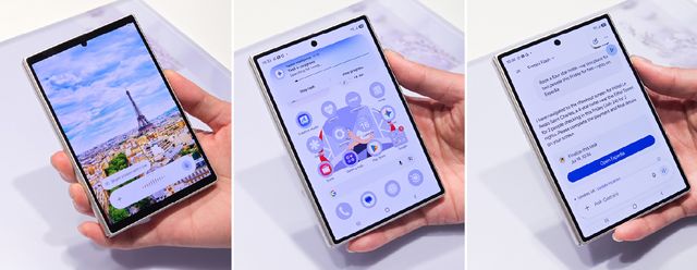 Tres vistas del Galaxy Z Fold8 Ultra abierto con One UI 9 y el asistente Gemini en pantalla