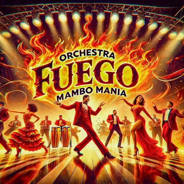 Portada de «Mambo Manía», de Orchestra Fuego, con bailarines y músicos entre llamas