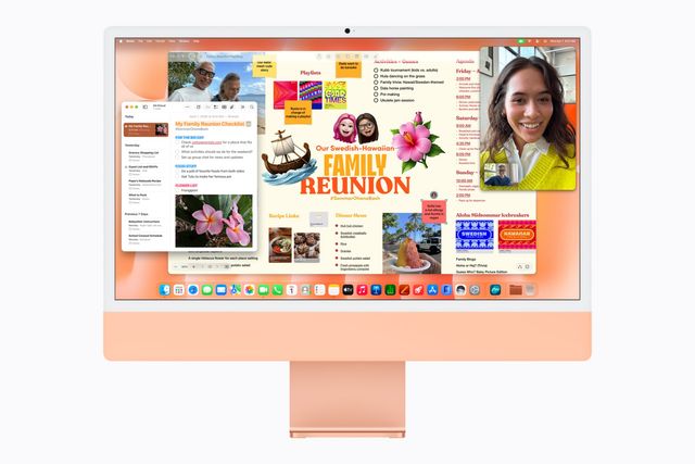 Freeform, Notas y FaceTime abiertos en el iMac con M6 en color naranja