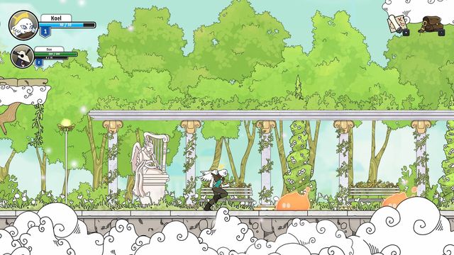 El protagonista corre por un jardín con columnas y estatuas en The Sky Project