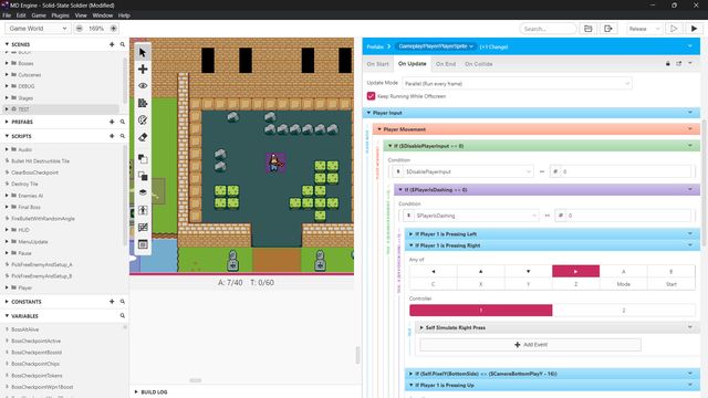 Editor de MD Engine con un nivel de estilo 16 bits y el panel de eventos