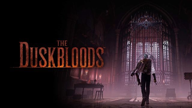 Logo de The Duskbloods junto a un personaje que camina hacia una reja gótica iluminada