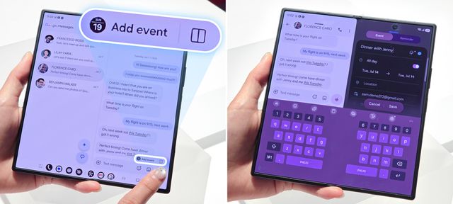 Un Galaxy Z Fold8 crea un evento de calendario a partir de una conversación de mensajes
