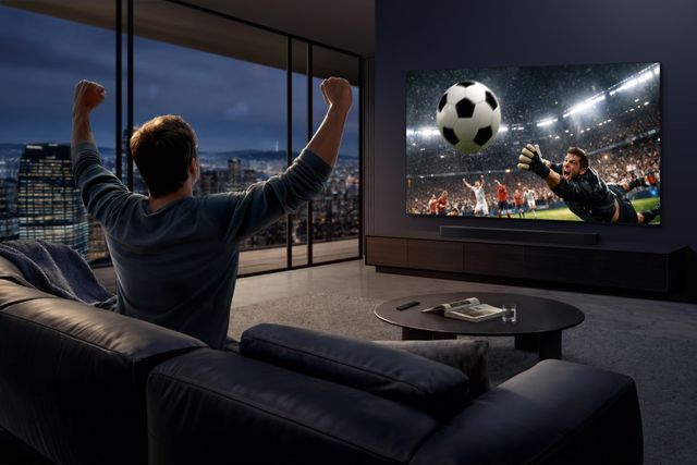 Hombre celebra un gol frente a un televisor Samsung Micro RGB en una sala oscura