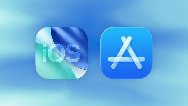 Los íconos de iOS y del App Store, uno al lado del otro, sobre un fondo azul difuminado