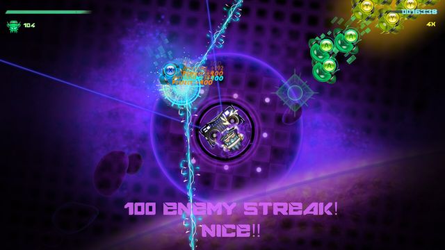 Ataque de proyectiles de neón con el aviso «100 enemy streak» en Beats of Fury