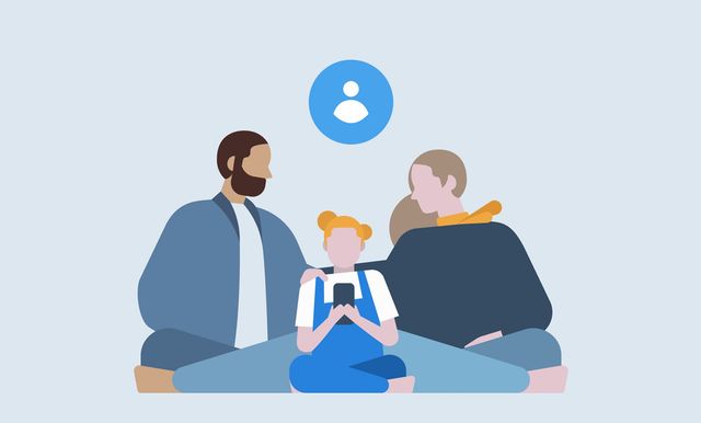 Ilustración de unos padres junto a su hija, que usa su primer celular