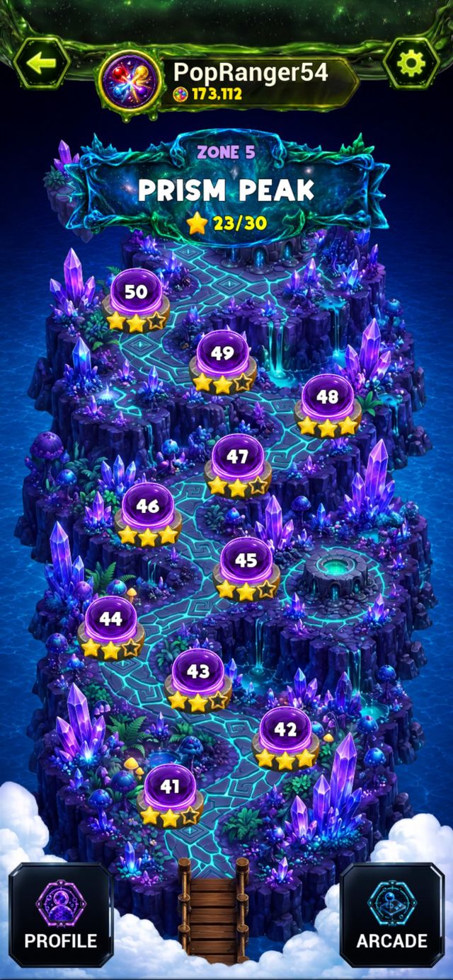 Mapa de Prism Peak, la quinta zona del modo Journey de Snibix, con los niveles del 41 al 50