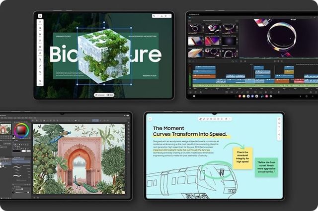 Cuatro pantallas de la Galaxy Tab S12 con apps de diseño, edición de video, ilustración y notas