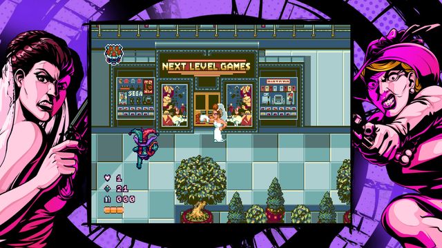 La novia de Lethal Wedding frente a la tienda Next Level Games, con estética de 16 bits