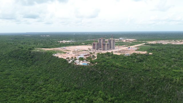 Panorámica del terreno de Larimar City & Resort con las torres en construcción en medio del bosque