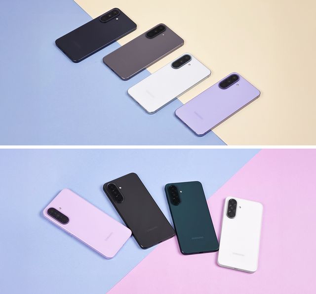 Los Galaxy A57 5G y A37 5G en varios colores sobre fondos pastel
