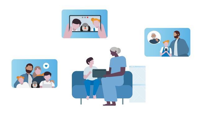 Ilustración de una familia conectada por videollamadas y fotos compartidas