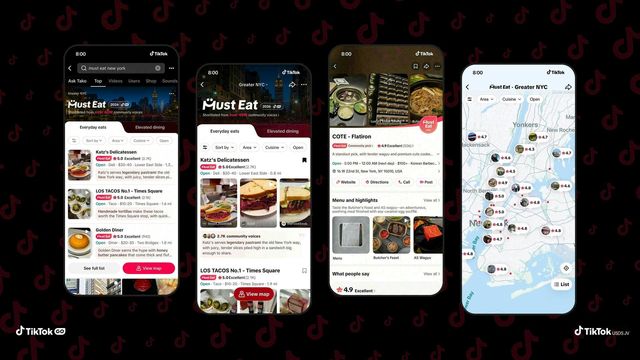 Cuatro pantallas de TikTok muestran la guía Must Eat de Nueva York, con la lista de restaurantes, la ficha de COTE Flatiron y un mapa con las calificaciones