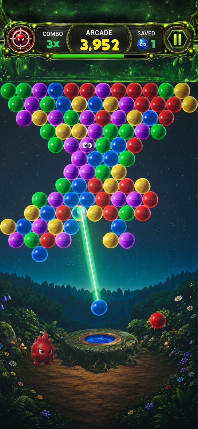 Partida en modo Arcade de Snibix: Precision Pop, con un tablero de burbujas de colores sobre un bosque nocturno