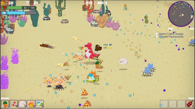 Peluches lanzan ataques en el desierto rodeados de enemigos en Plush Rangers