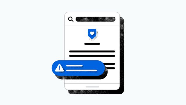 Ilustración de una pantalla de búsqueda con un aviso azul de alerta y un corazón dentro de un escudo