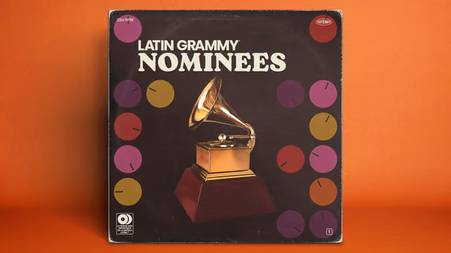 Arte oficial de los nominados al Latin Grammy 2026: un gramófono dorado sobre la portada de un disco de vinilo con círculos de colores