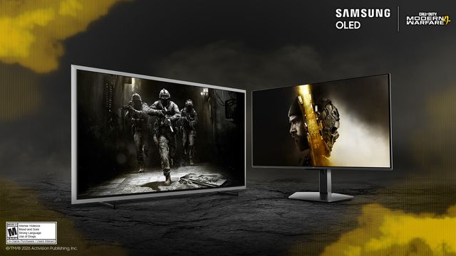 Televisor Samsung OLED y monitor Odyssey con imágenes de Call of Duty: Modern Warfare 4