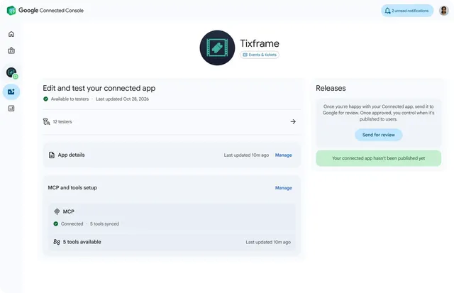 Pantalla de la consola de Google para editar y probar una app conectada