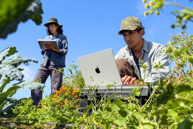 Un joven trabaja con la MacBook Pro con M6 en un huerto mientras una compañera usa un iPad