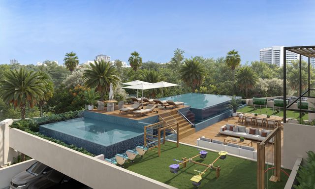 Render del área social con piscina infinity y zona de juegos infantiles de VMAR Juan Dolio