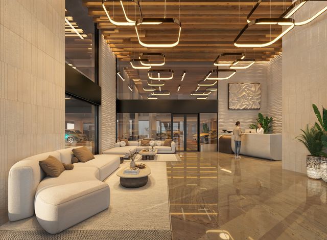 Render del lobby de VMAR Juan Dolio con sofás curvos y techo de madera