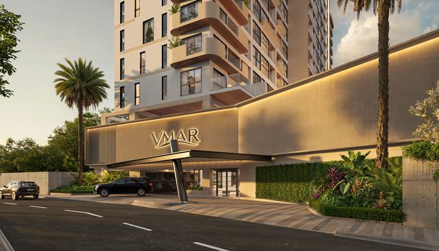 Render de la entrada del edificio VMAR Juan Dolio