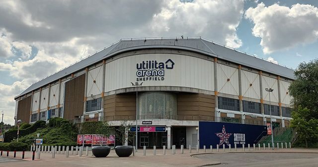 Fachada del Sheffield Arena, hoy Utilita Arena, en Sheffield, Inglaterra