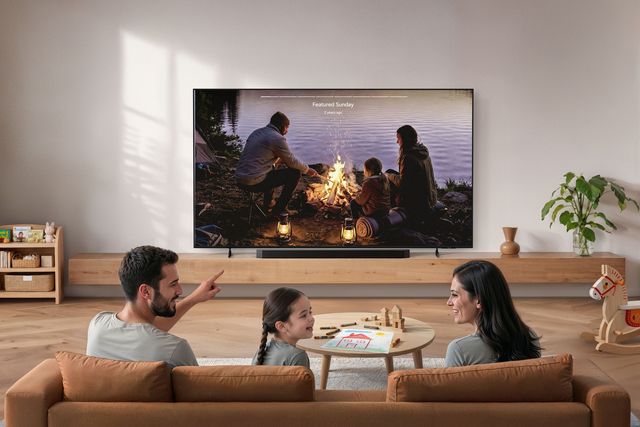 Una familia en el sofá frente a un televisor Samsung que muestra fotos de una fogata