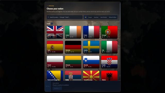 Pantalla de Eclesiar para elegir nación, con banderas de países europeos