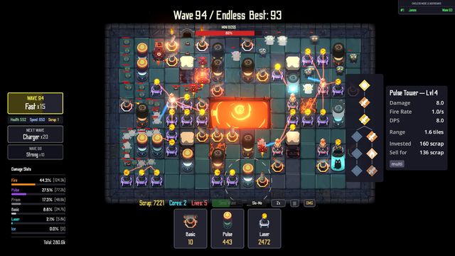 Mapa de Jarred Defense con torres que forman un laberinto frente a una oleada de robots