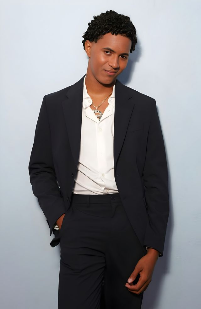 El cantante dominicano JACÓ, con traje oscuro y camisa blanca