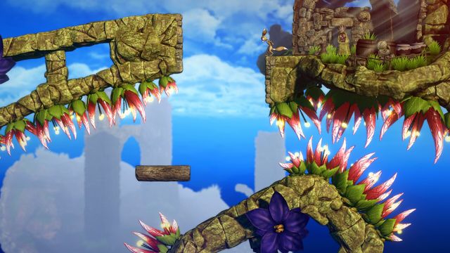 Plataformas de piedra con plantas espinosas sobre el cielo en MOKI - The Escape