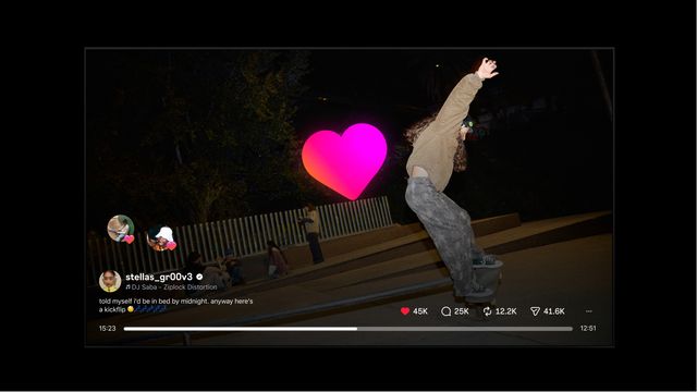 Interfaz de Instagram para TV con un Reel de una patinadora a pantalla completa y los contadores de me gusta y comentarios