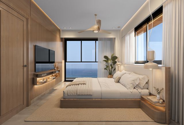 Render de un dormitorio con vista al mar en VMAR Juan Dolio